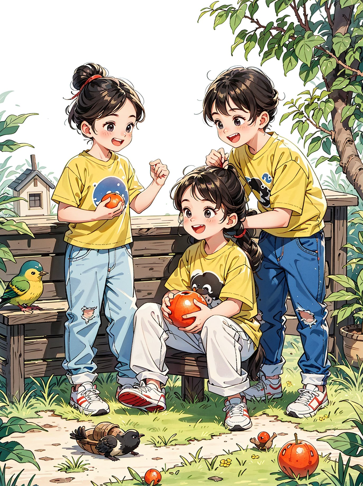 Two happy little boys and a little girl sat on the roof, taking full body photos and laughing happily. The boy is wearing a yellow short sports shirt and red sports shoes, while the girl is wearing a white sports shirt, jeans, white sports shoes, black hair, a house, flowers, and small animals. A happy little boy with a round face, big eyes, long eyelashes, sunset and sunset, <lora:Q版古风手绘插画2.0:0.9>, A ink painting of a tranquil orchard with Chinese writing on it and a pair of birds building their nest, with a fruit-laden branch in the foreground, An Zhengwen, organic painting, a minimalist painting, art & language, ink and wash,