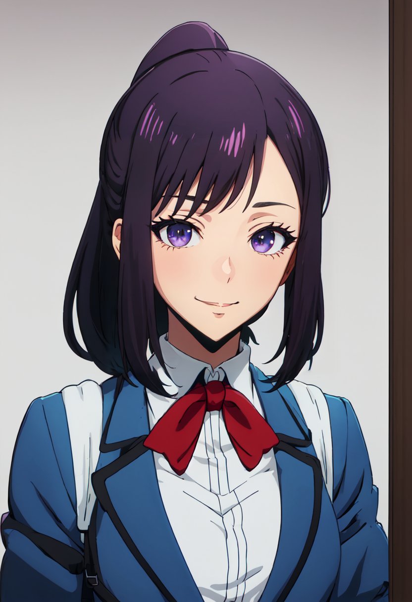 best quality, masterpiece, highres, solo, (sung_jin_ah_sololeveling:1.10), 1girl, blue jacket, collared shirt, school uniform, upper body, white shirt, 2girls, anime coloring, closed mouth, gradient background, solo focus, red bowtie, backpack, black hair, looking at viewer, smile, anime_style, 6 <lora:sung_jin_ah_sololeveling:0.80>