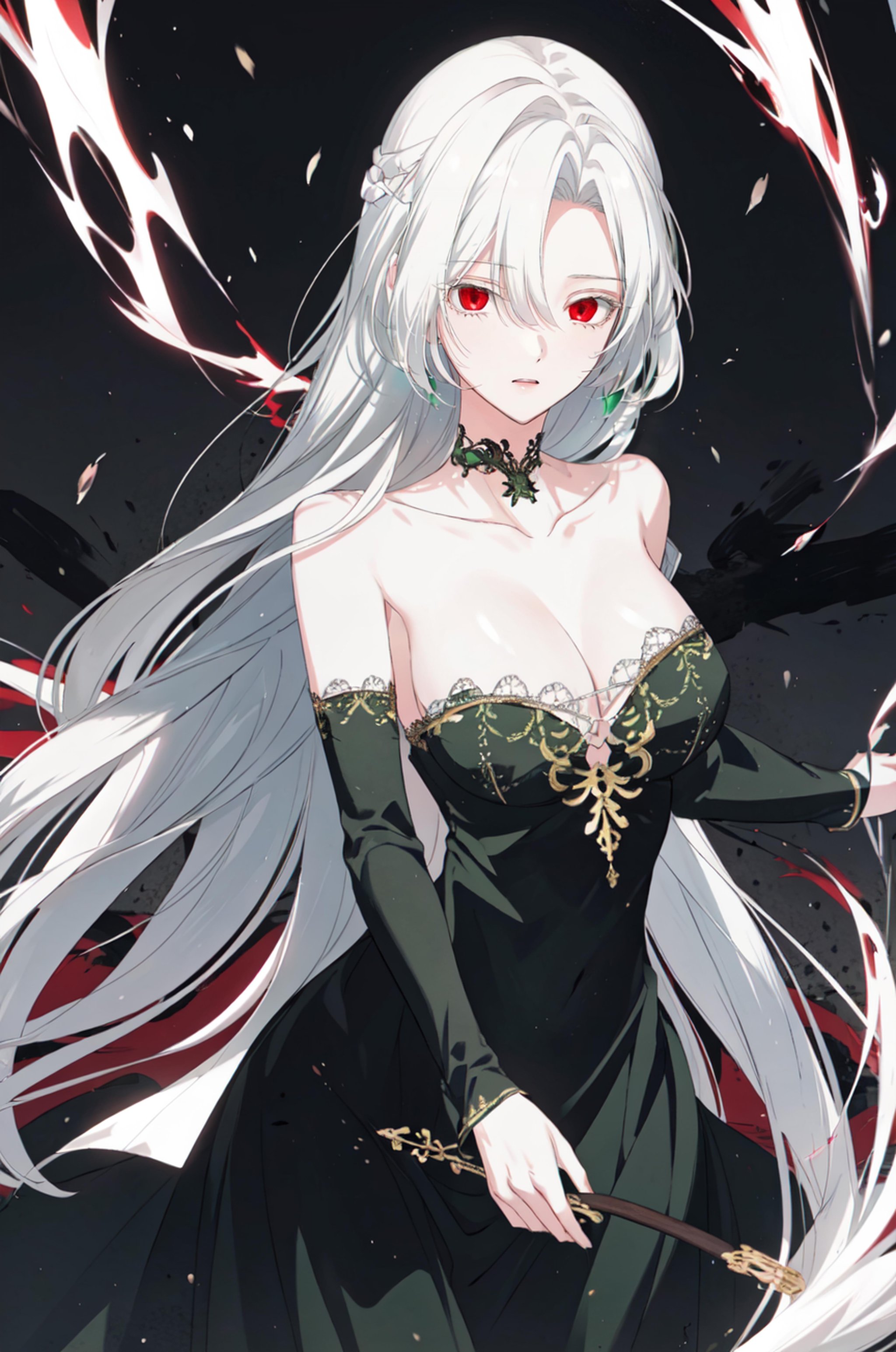 masterpiece, (best quality), 1girl , white hair, Raviel, red eyes, <lora:RavielIvansia:0.7>, dynamic pose, green outfit, open shoulder