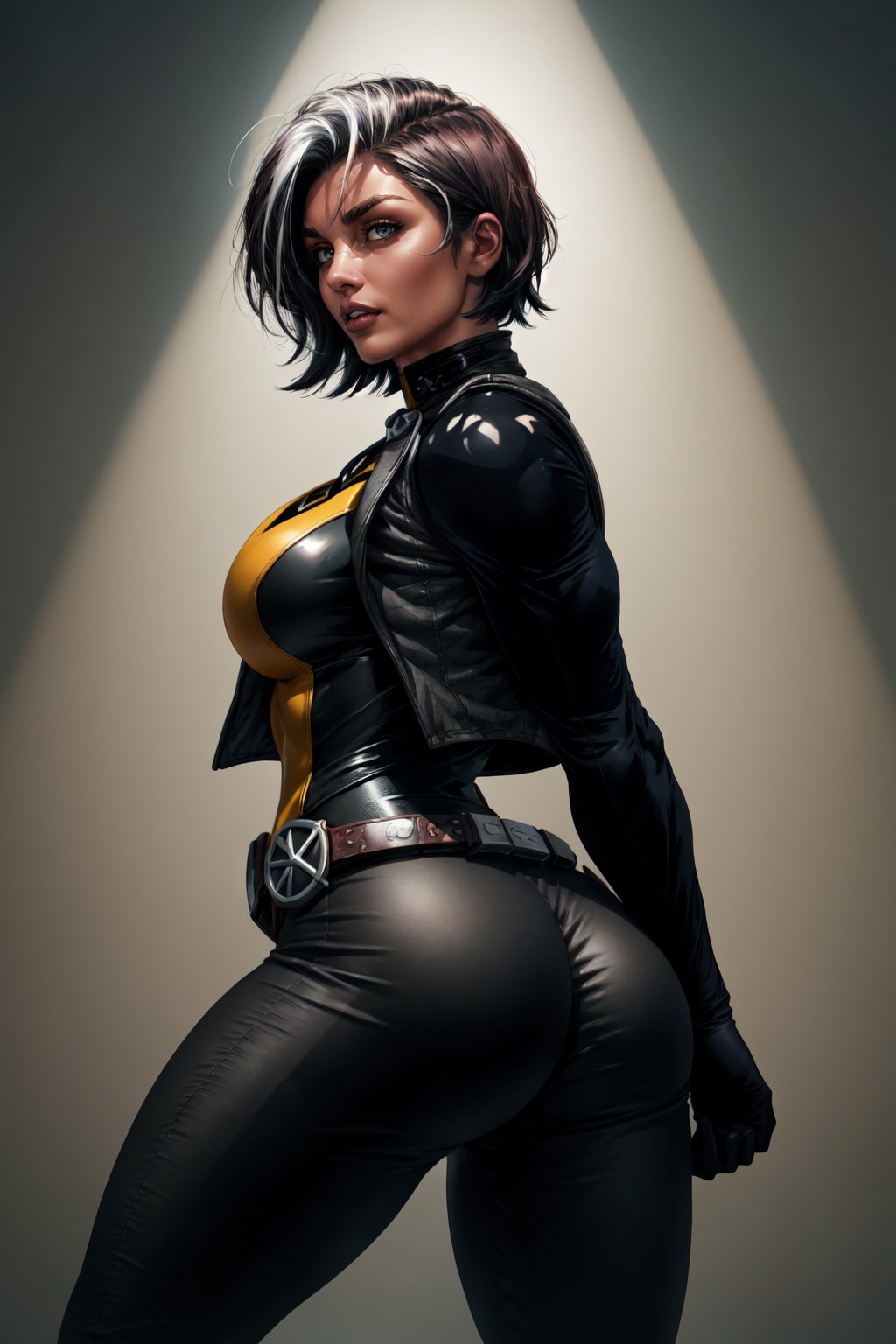 Savage, Classic, Southern Belle, Superhero, Rogue, Xtreme, breasts, looking at viewer, short hair, black hair, medium breasts, ass, belt, vest, from side, lips, realistic, black bodysuit, split-color hairEarthPorcelain,<lora:RogueRetrain:1>