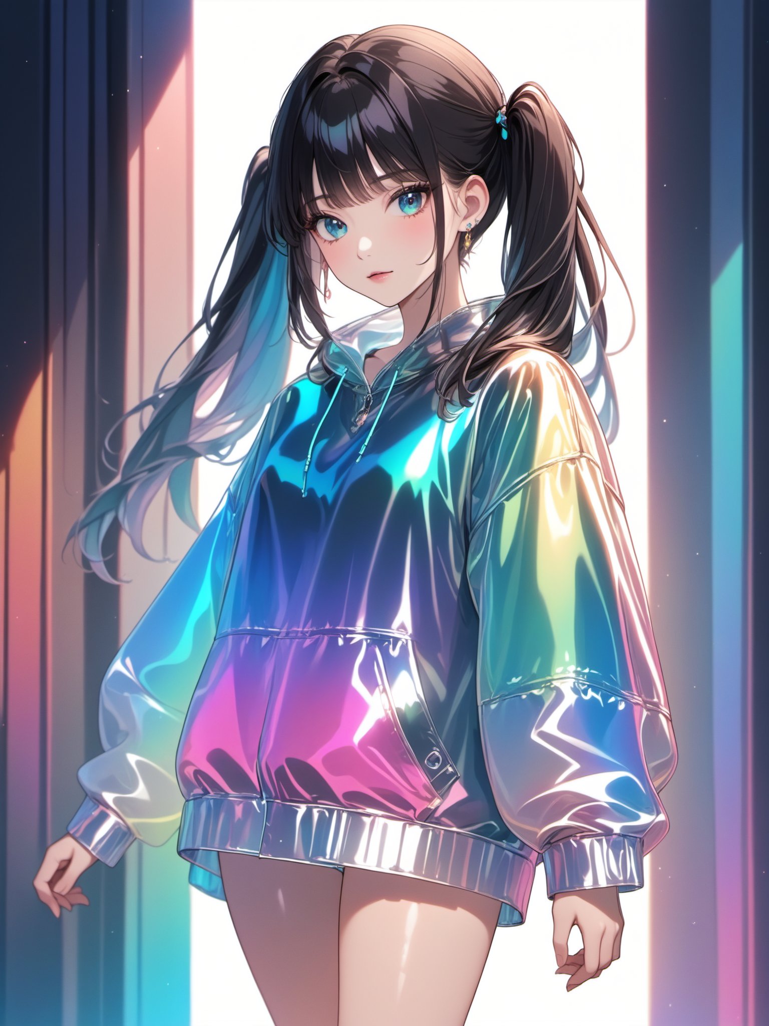 best quality,masterpiece,cute twintails,ombre hair,clear PVC clothing,clear vinyl clothing,prismatic,holographic,chromatic aberration,fashion illustration,masterpiece,fashion girl,watcher,8k,ultra detailed,