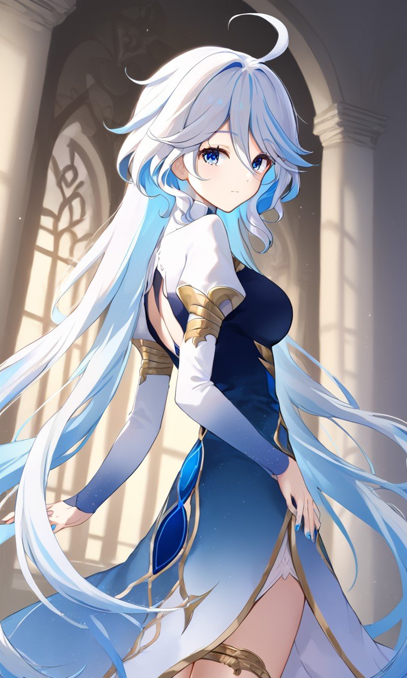 <lora:sdxl-gen-focalors-pony:0.9> gen-focalors, 1girl, solo, slender, leucoderma, blue eye blue eye, long eyelashes, shiny hair, very long hair, white hair, bangs, ahoge, hair between eyes, multicolored hair, barefoot, single anklet, blue nails, toenails, medium breasts +++ blue dress, white dress, intricate multicolored long dress, clothing cutout, gold mold, juliet sleeves, long sleeves +++ , happy, :), +++ ﻿Looking back, ﻿hip view, looking down, upper body, cinematic lighting