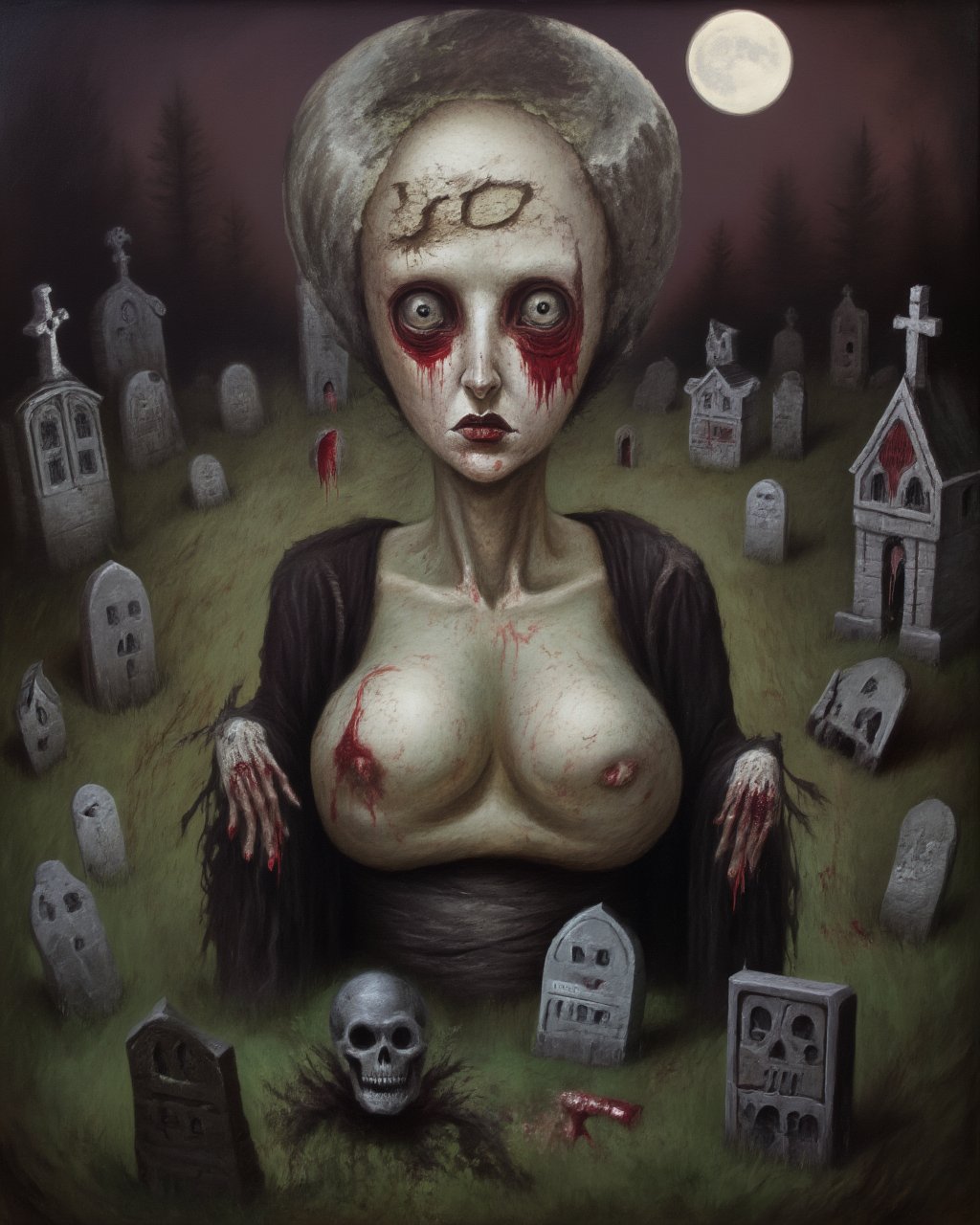 old oil painting of a gothic woman, rotting, large breasts, bloody eyes, bleeding moon, evil facial expression, abandoned graveyard in background, surreal, lowbrow art style ,<lora:LowBrowF1D:1>