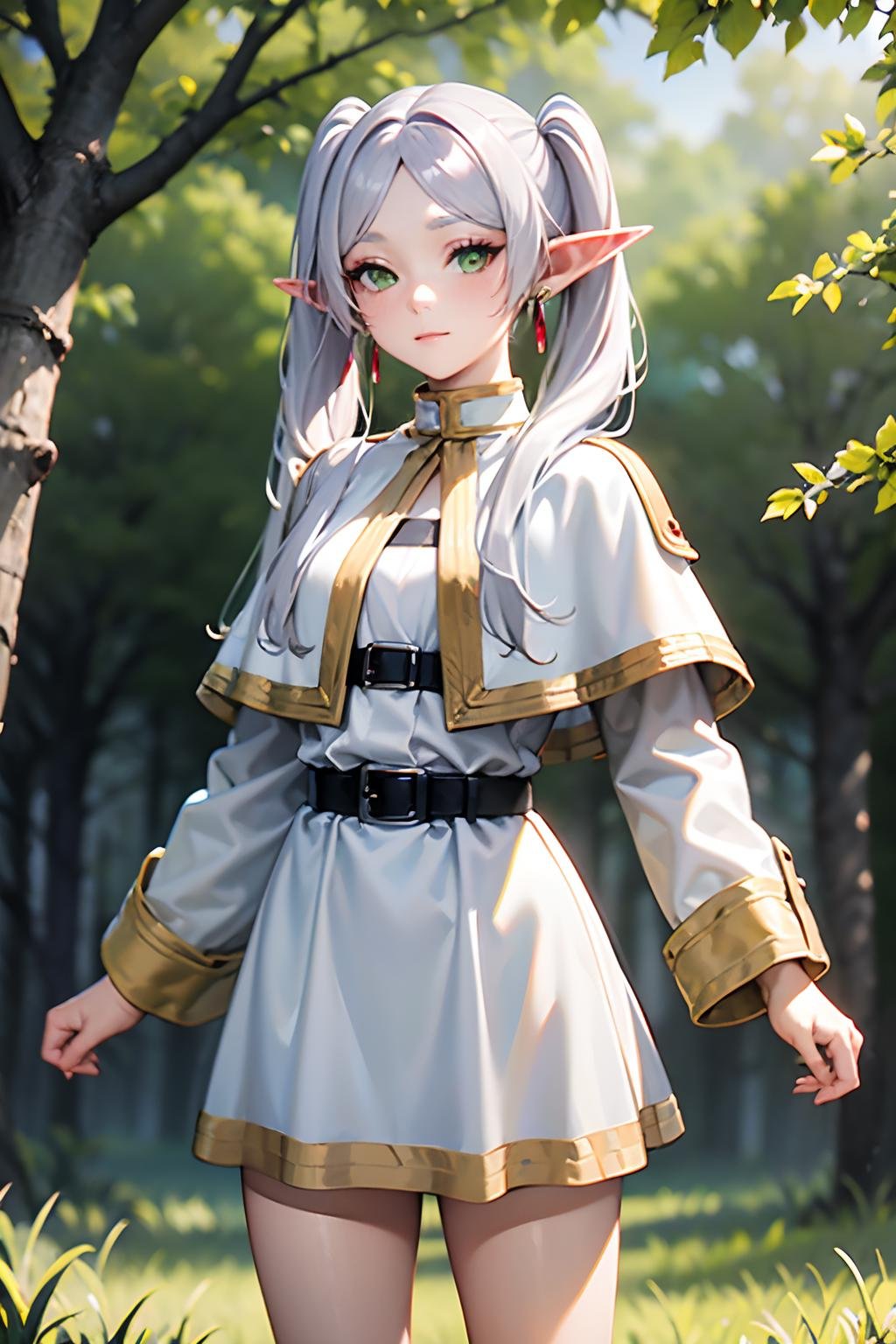 <lora:jingling_009:0.8>,wallpaper,huge filesize,super high resolution,best quality,Photos,4k,ingling,1girl,solo,pointy ears,twintails,green eyes,outdoors,long hair,jewelry,earrings,tree,long sleeves,looking at viewer,belt,parted bangs,elf,bangs,capelet,day,closed mouth,striped,dress,white hair,white dress,standing,white capelet,shirt,nature,