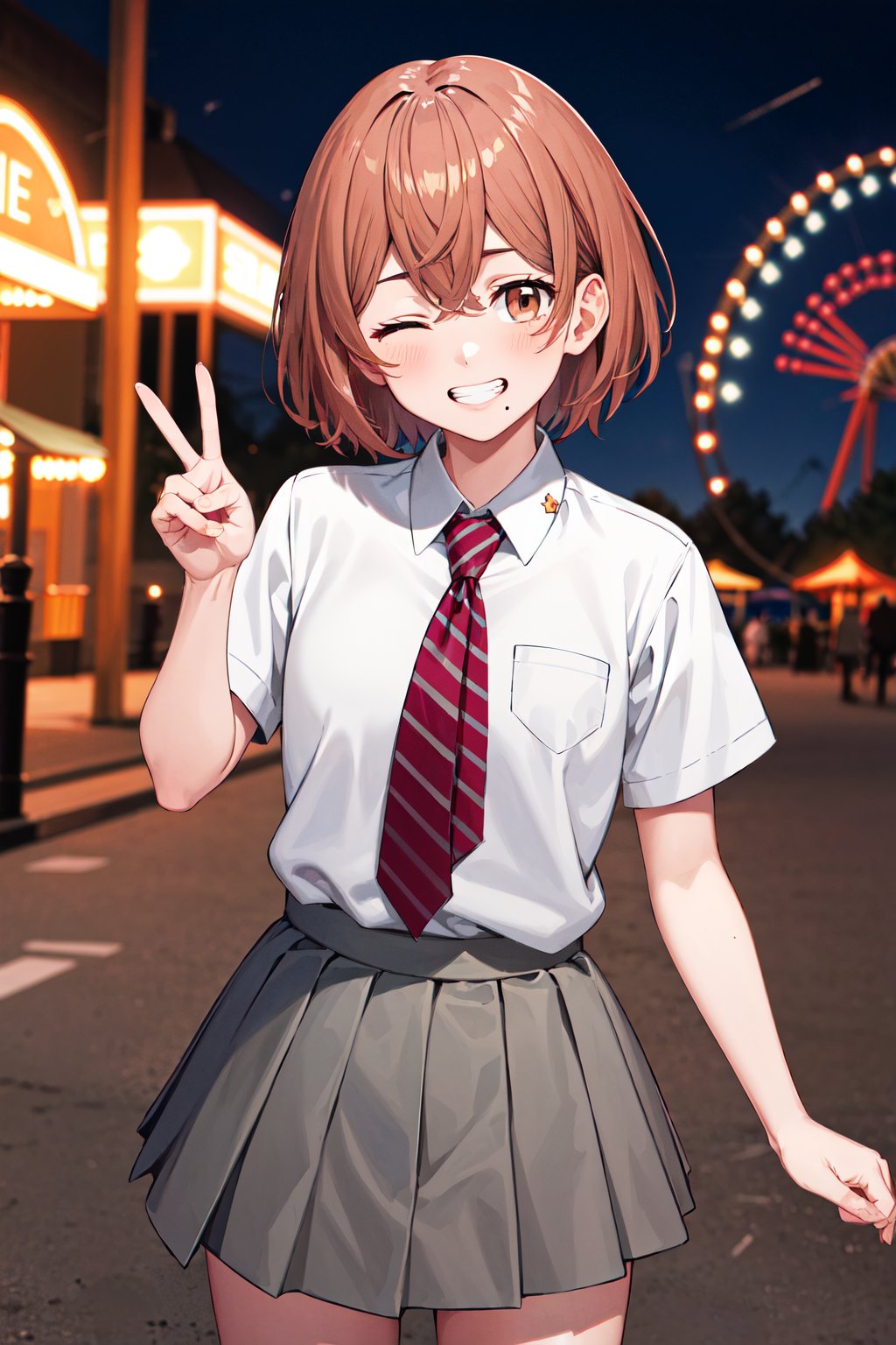 masterpiece, best quality, highres, 1girl, solo, short hair, brown hair, brown eyes, mole, striped necktie, collared shirt, white shirt, short sleeves, pleated skirt, grey skirt, <lora:tachibana_hinata_v1:0.7>, one eye closed, grin, peace sign, v, standing, cowboy shot, amusement park, 