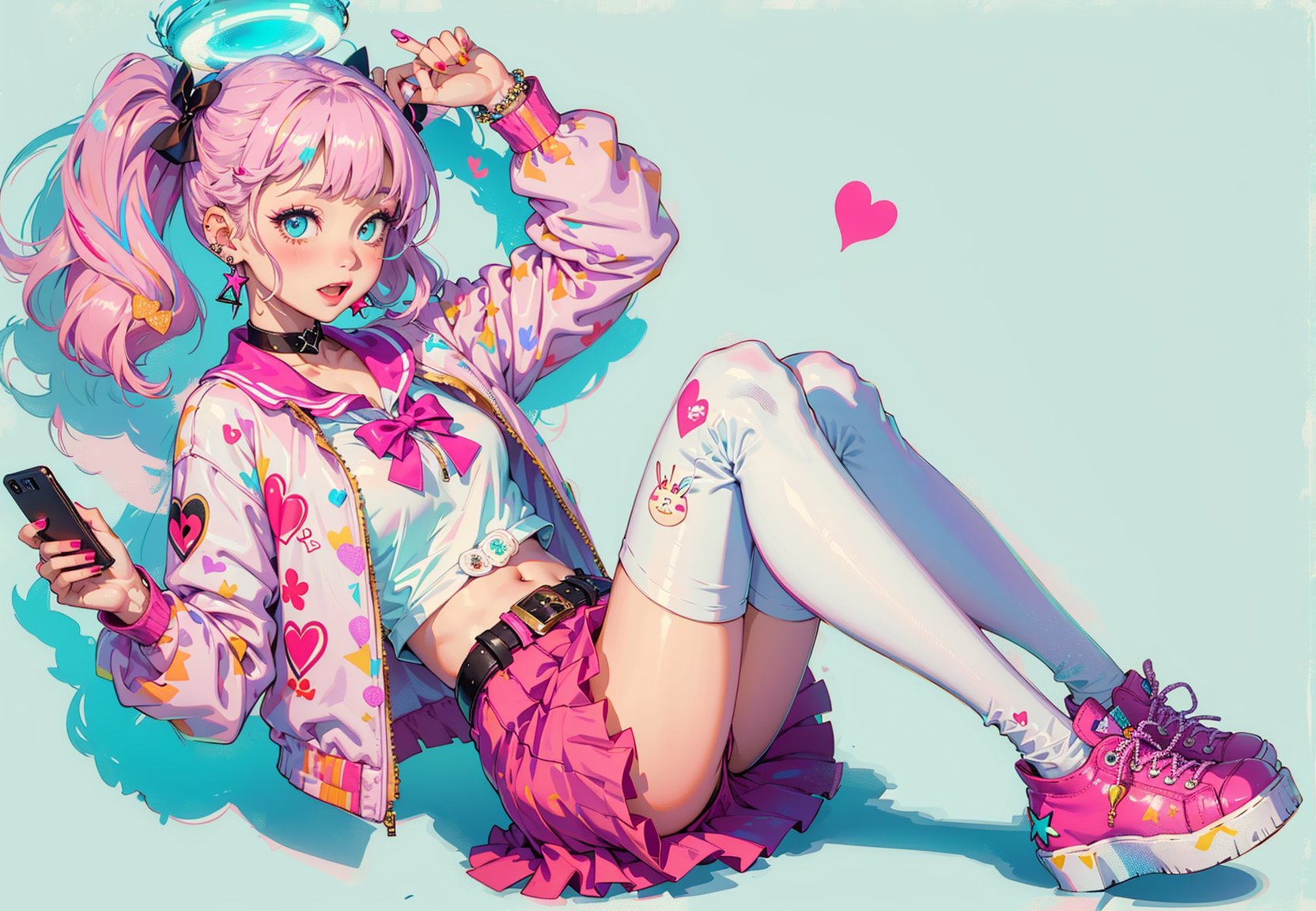 1girl, phone, skirt, twintails, multicolored hair, bandaid, food, thighhighs, solo, hair ornament, pink hair, jewelry, cellphone, candy, halo, shoes, long sleeves, bow, frills, bangs, jacket, heart, smartphone, sneakers, hairclip, wings, long hair, earrings, frilled skirt, white thighhighs, blue eyes, pill, lollipop, looking at viewer, angel wings, ring, grey hair, open mouth, pink footwear, pink skirt, full body, shirt, stuffed toy, blush, pastel colors, x hair ornament, pink bow, sailor collar, cosmetics, blue background, makeup, stuffed animal, single thighhigh, white jacket, choker, two-tone hair, ear piercing, aqua eyes, lipstick tube, holding, wing hair ornament, unicorn, thigh strap, stuffed bunny, nail polish, blunt bangs, smile, white shirt, holding phone, bandaid on face, heart hair ornament, pink nails, bag, piercing, food-themed hair ornament, star (symbol), white bow, streaked hair, gradient hair, blush stickers, fruit, pleated skirt, beads, knees up, pink sailor collar, doughnut, bracelet, bandaid on leg, angel, hair bow, puffy long sleeves, bottle, miniskirt, puffy sleeves, hand mirror, ribbon, strawberry, asymmetrical legwear, collar, sidelocks, blue hair, sleeves past wrists, open clothes, floating, belt, platform footwear, polka dot, bowtie, border, rabbit, open jacket, very long hair