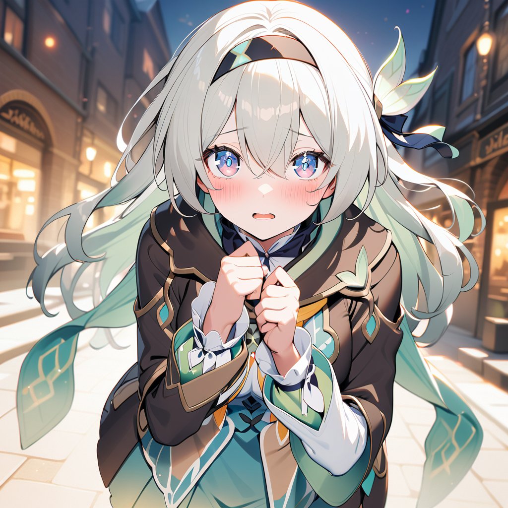 firefly,1girl,scarf,long hair,blue eyes,looking at viewer,hair ornament,hairband,coat,grey hair,solo,blue scarf,blush,open mouth,skirt,hair between eyes,virtual youtuber,long sleeves,black hairband,breasts,brown coat,