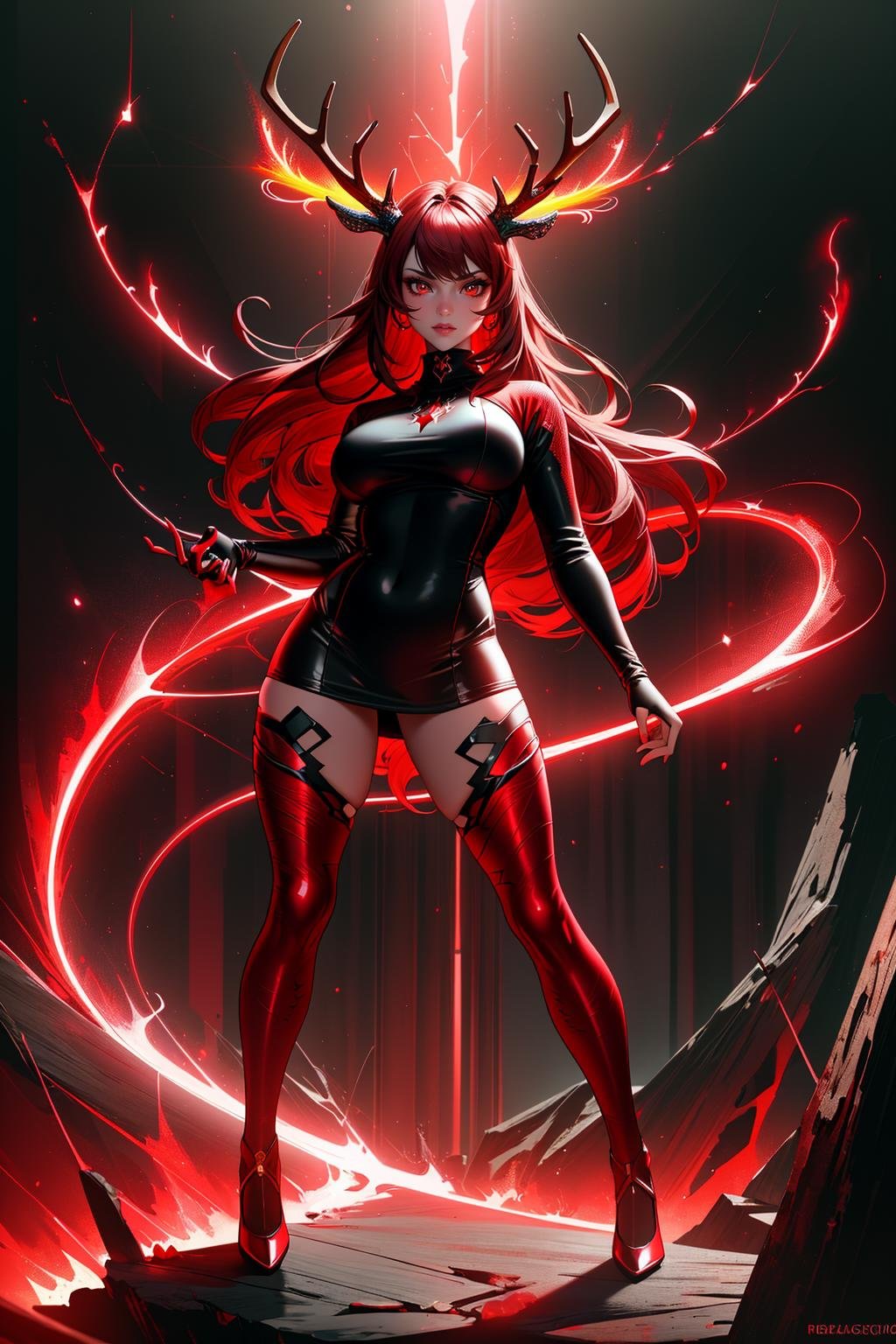 ((Masterpiece, best quality,edgQuality)),((full body)),standing, posing for a pictureedgrageaura, a woman wearing an turtleneck,red aura,wearing red light coating,deer antlers,red electricity <lora:edgRageAura:0.8>