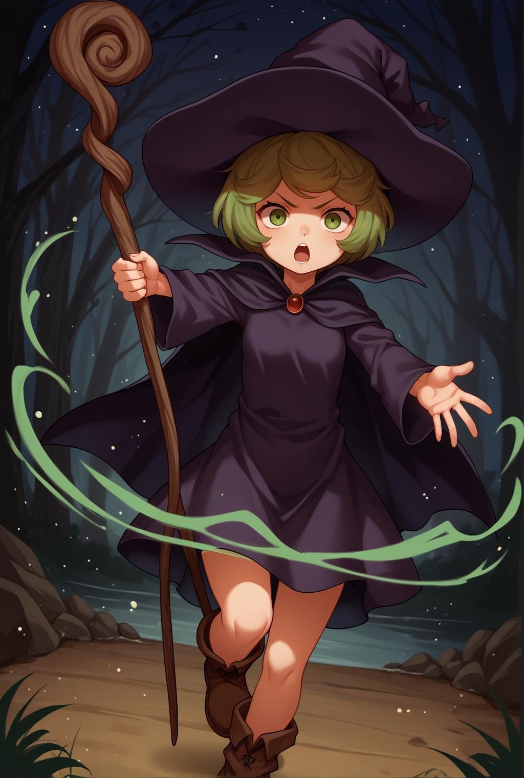 score_9, score_8_up, source_anime, looking at viewer, solo,<lora:ShierkePdxlDwnsty:0.8>, green hair, short hair, witch hat, staff, cape, dress,  robe, long sleeves, boots, brown footwear, brooch, holding staff, small breasts, standing, casting spell, open mouth, shouting, outstretched arms, spell, midair, levitation, leg up, spiral, aura,forest, lake, water, flower, night,