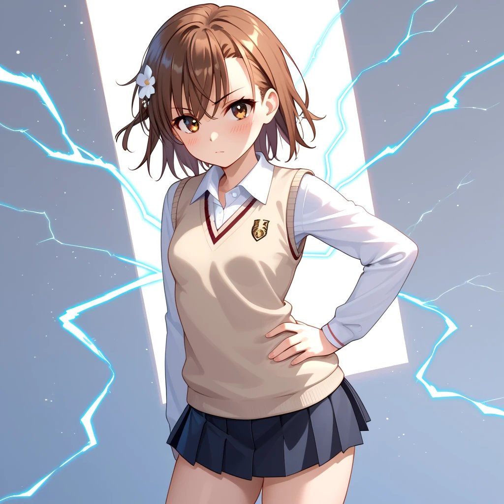 1girl,misaka mikoto,skirt,solo,brown hair,brown eyes,hair ornament,pleated skirt,looking at viewer,short hair,hand on hip,school uniform,tokiwadai school uniform,electricity,long sleeves,bangs,black skirt,blush,shirt,breasts,cowboy shot,closed mouth,hair flower,white shirt,sweater vest,electrokinesis,black,thighs,score_9,score_8_up, small breasts