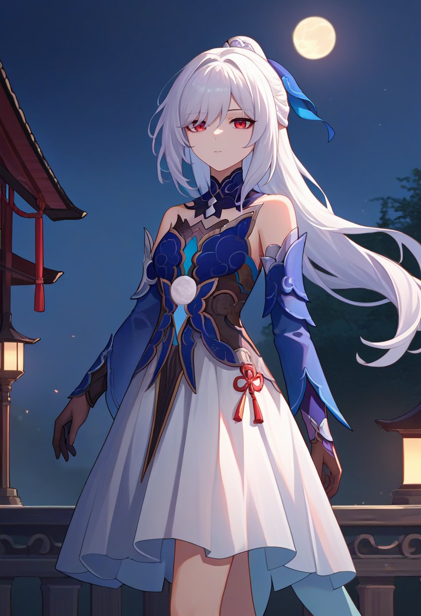 score_9, score_8_up, score_7_up, source_anime, solo, 1girl, hsrjingliu, expressionless, looking at viewer, standing, white hair, high ponytail, red eyes, blue dress, blue sleeves, detached sleeves, black gloves, white skirt, bare shoulders, night, outdoors, full moon <lora:hsr_jingliu_ponyXL:1>