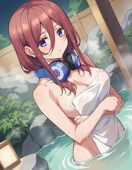 score_9, score_8_up, score_7_up, source_anime,mikunakano, <lora:miku-nakano-s1-ponyxl-lora-nochekaiser:1>, miku nakano, long hair, bangs, blue eyes, brown hair, shirt, hair between eyes, headphones, headphones around neck,nude, naked, outdoors, onsen, towel, naked towel, steam, bathing, nude cover, partially submerged, water, bath, steam censor, wet towel,looking at viewer, cowboy shot, dutch angle, solo,