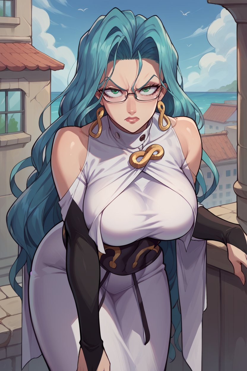 score_9, score_8_up, score_7_up, score_6_up, source_anime, BREAK 1girl, mature female,  <lora:psykos-pdxl-nvwls-v1-000005:1> psykos, cyan hair, wavy hair, very long hair, glasses, earrings, white dress, brooch, underbust, long dress, bridal gauntlets, large breasts, annoyed, looking at you, leaning forward, city, ocean