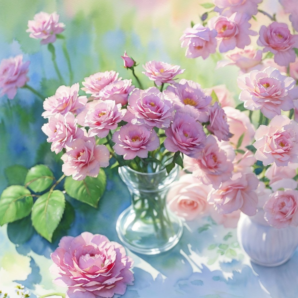 flower,pink rose,pink flower,no humans,rose,white background,((Monet style)),rim light,plant,still life,parameters realistic,vibrant colors,Childhood life,creek,high level of detail.(masterpiece:1,2),best quality,masterpiece,highres,original,extremely detailed wallpaper,perfect lighting,(( Watercolor Painting Style)),purple rose,pink carnation,<lora:SHUICAI:0.8>,