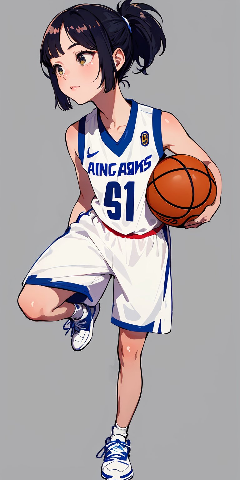 masterpiece,ultra-detailed,best quality,8K,illustration,cute face,clean skin ,shiny hair,girl,simple background, <lora:basketball uniform_SD_V1.0:0.6> basketball uniform,sneakers,ponytail