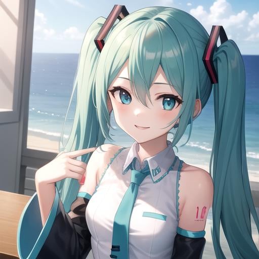 ((masterpiece)),(best quality),official art,extremely detailed CG,unity 8k wallpaper,ultra detailed,A lighthouse on a cliff by the sea,1girl,solo,upper body,(portrait:1.2),hatsune miku,looking at viewer,sleeveless shirt,white shirt,fringe,smile,black thighhighs,hair between eyes,twintails,very long hair,aqua eyes,aqua hair,detached sleeves,miniskirt,aqua necktie,thigh boots,<lora:Hatsune Miku(vocal)>,