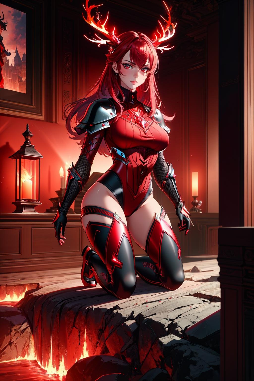 ((Masterpiece, best quality,edgQuality)),((full body)),edgASA1edgrageaura, a woman wearing an armor,red aura,wearing red light coating,deer antlers,red electricity <lora:edgRageAura:0.8>