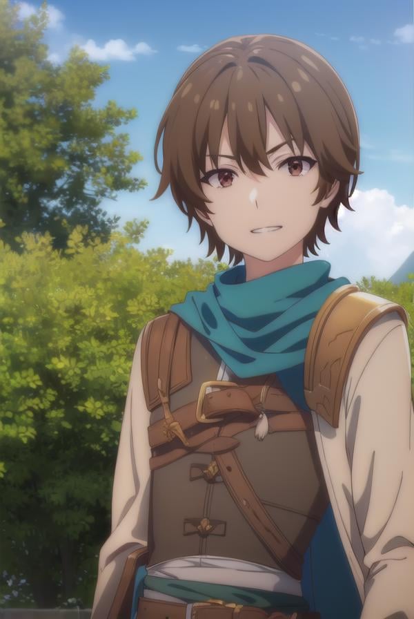 keyaru, <lora:keyaru s1-lora-nochekaiser:1>,keyaru, short hair, (brown eyes:1.5), brown hair, male focus, smile, grin,BREAK cape, armor,BREAK outdoors, forest, nature, grass, trees, sun, sky, clouds,BREAK looking at viewer, (cowboy shot:1.5),BREAK <lyco:GoodHands-beta2:1>, (masterpiece:1.2), best quality, high resolution, unity 8k wallpaper, (illustration:0.8), (beautiful detailed eyes:1.6), extremely detailed face, perfect lighting, extremely detailed CG, (perfect hands, perfect anatomy),