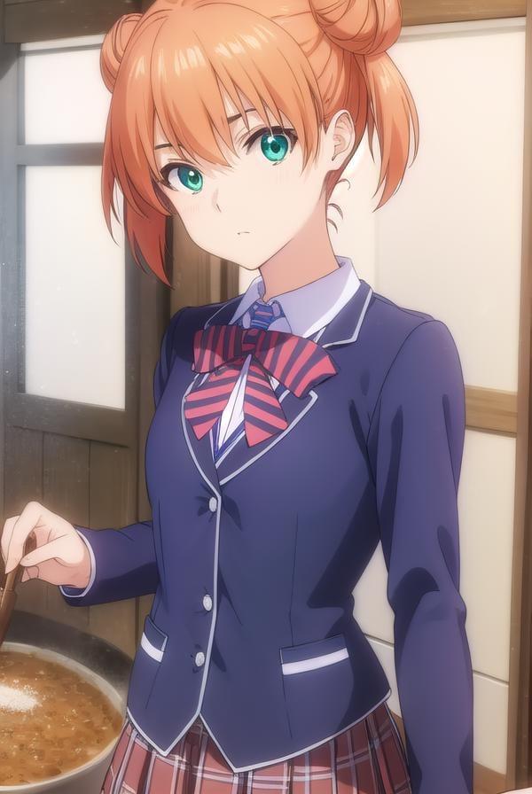 yuukiyoshino, <lora:yuuki yoshino s1-lora-nochekaiser:1>,yuuki yoshino, short hair, twintails, (green eyes:1.3), hair bun, orange hair, double bun,BREAK bow, school uniform, striped, bowtie, blazer, striped bowtie, blue blazer, brown skirt, plaid skirt, plaid,BREAK indoors, kitchen,BREAK looking at viewer, (cowboy shot:1.5),BREAK <lyco:GoodHands-beta2:1>, (masterpiece:1.2), best quality, high resolution, unity 8k wallpaper, (illustration:0.8), (beautiful detailed eyes:1.6), extremely detailed face, perfect lighting, extremely detailed CG, (perfect hands, perfect anatomy),