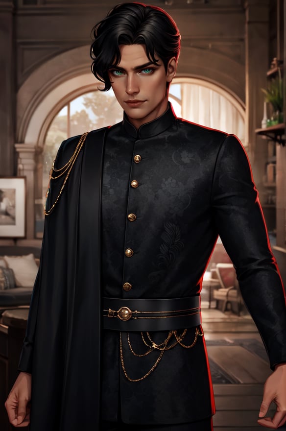 Male,  green eye, realistic, detailed, clothes in black costume <lora:Amrit:0.75>