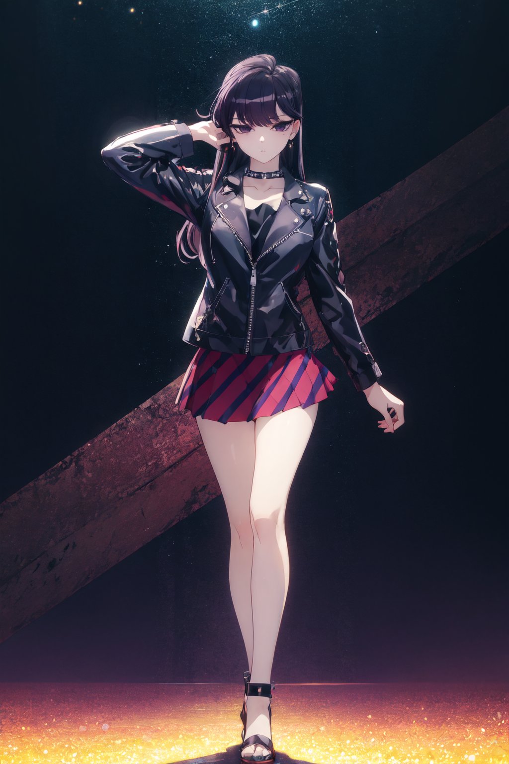 <lora:Shouko-000010:0.8>,Shouko CYQL,1girl,solo,looking at viewer,long hair,black hair,black eyes,(Leather_jacket_with_embellishments:1.5),(Sequin_mini_skirt:1.4),(Studded_heels:1.3),(Nightlife_disco_background:1.4),blush,cowboy_shot,River bend, Photography, Sunset, Reflections, Tranquility, Scenic view,(Cherry blossoms, Country lane, Evening glow, Cherry blossom drift, Rural tranquility, Dusk scenery:0.5),beautiful detailed sky,beautiful detailed glow,posing in front of a colorful and dynamic background,masterpiece,best quality,beautiful and aesthetic,contrapposto,female focus,wallpaper,