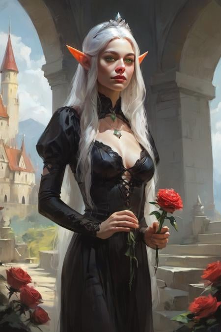 score_9, score_8_up, score_7_up, rating_safe, digital art, realistic, 1girl, solo, elf, pointy ears, breasts, long hair, very long hair, white hair, green eyes, portrait, looking at viewer, black dress, tiara, silver tiara, holding, holding flower, rose, red rose, necklace, jewelry, cowboy shot, standing, outdoors, castle <lora:Digital Art Style SDXL_LoRA_Pony Diffusion V6 XL:0.8>