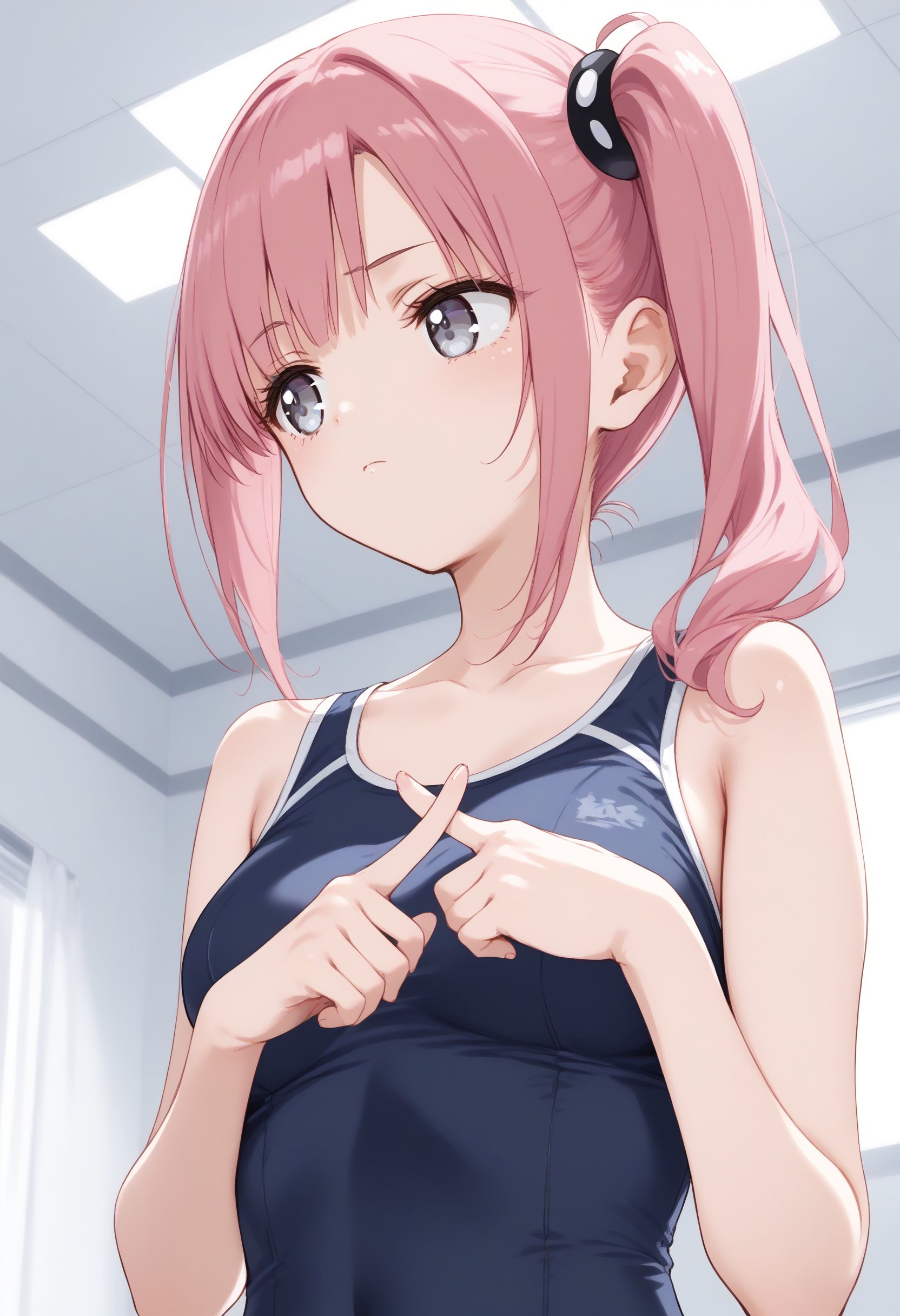 1girl,medium breasts, solo,school swimsuit,x fingers, <lora:xfingers_Pony_v1:0.8>ceiling, portrait, looking away, pink hair, white eyes,expressionless, Shinjuku city, closed mouth, side ponytail hair,