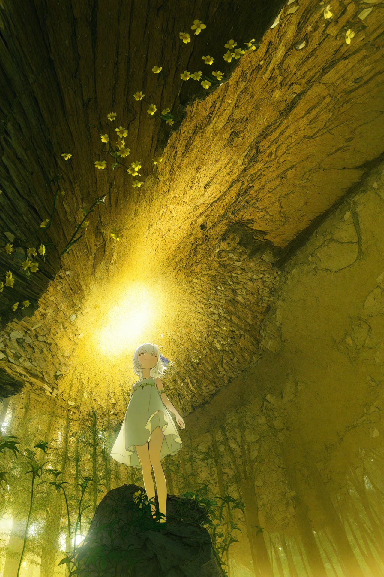 (masterpiece),(best quality),illustration,ultra detailed,hdr,Depth of field,(colorful),loli,yellow theme,the setting sun,Chamomile,Chamomile,cornflower,vines,forest,ruins,lens flare,hdr,Tyndall effect,damp,wet,1girl,bare shoulders,broken glass,broken wall,white hair,white dress,closed mouth,constel lation,flat color,braid,blinking,white robe,float,closed mouth,constel lation,flat color,looking up,standing,medium hair,standing,solo,