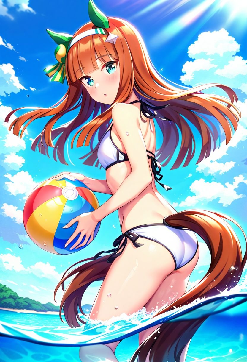 1girl, silence suzuka \(umamusume\), umamusume,  sky, very long hair, cloudy sky, ocean, horse girl, ass, bikini, horse ears, bare arms, beachball, bare shoulders, horizon, looking to the side, looking at viewer, blue sky, breasts, standing, small breasts, long hair, ball, brown hair, blush, horse tail, from side, wading, swimsuit, water, green eyes, holding, :o, animal ears, parted lips, tail, outdoors, white bikini, holding ball, day, solo, cloud, very aesthetic, masterpiece, best quality, absurdres, sensitive