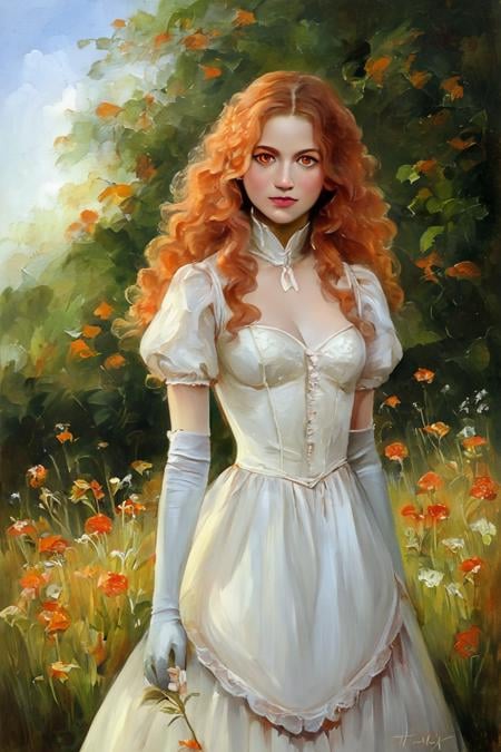 score_9, score_8_up, score_7_up, rating_safe, painterly, faux traditional media, realistic, 1girl, solo, long hair, curly hair, wavy hair, orange hair, orange eyes, looking at viewer, breasts, dress, white dress, puffy sleeves, puffy short sleeves, short sleeves, gloves, elbow gloves, white gloves, cowboy shot, closed mouth, standing, outdoors, field, flower, grass, plant, sky <lora:Faux Oil Painting Style LoRA_Pony XL v6:0.7>