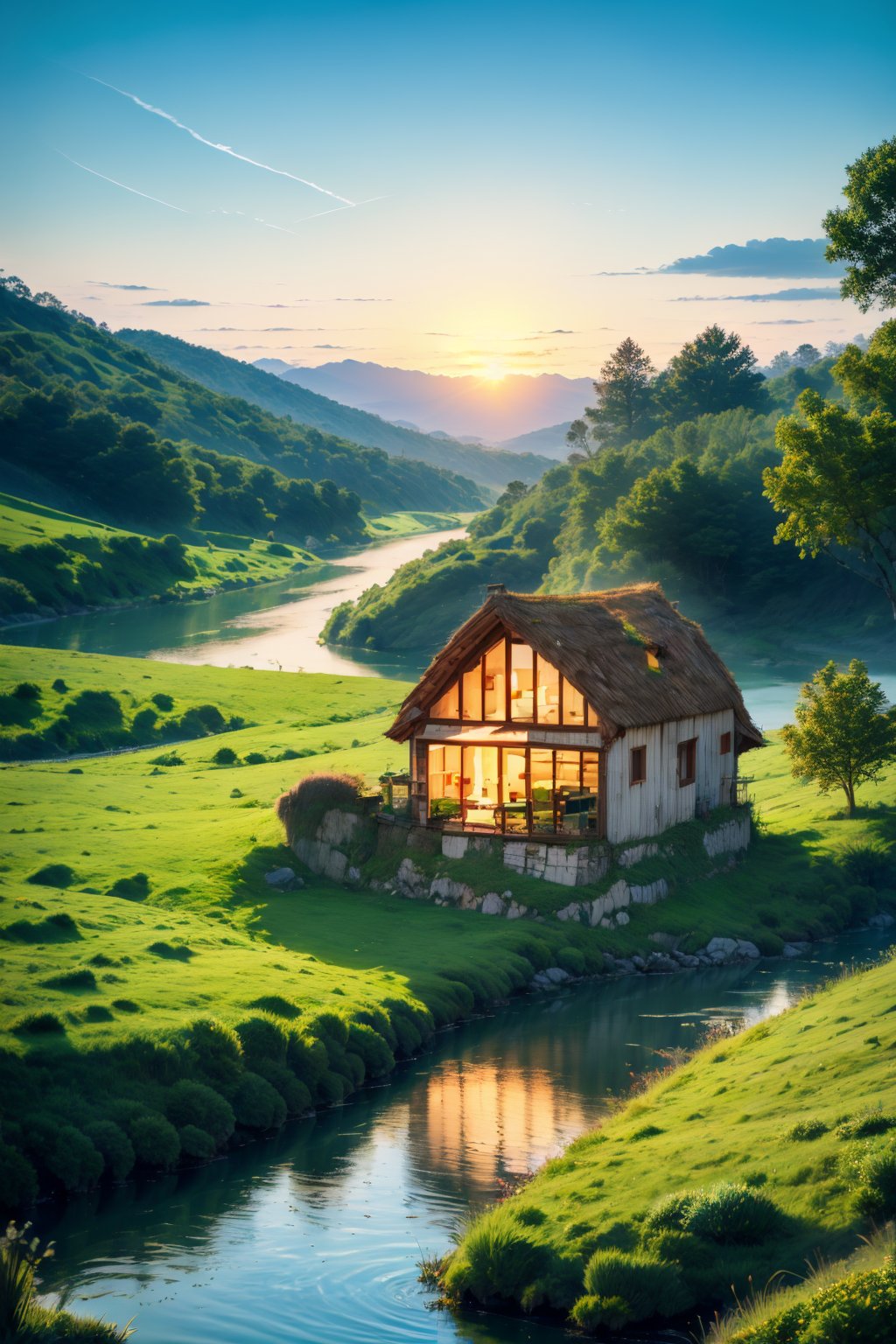 <lora:AgainRealistic_v2.0:1>,AgainRealistic_v2.0, tree, scenery, water, outdoors, no humans, grass, sunset, sky, house, building, cloud, bird, river, window, reflection, rock, sunlight