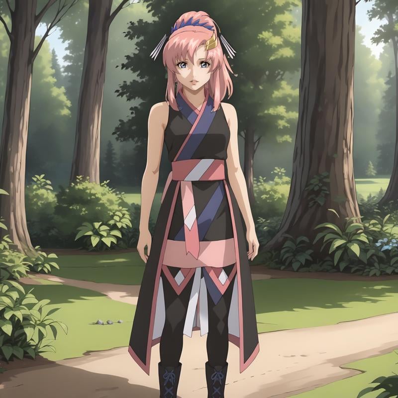 <lora:LacusClyneXLpony002>,looking at viewer,parted lips,solo,LacusClyne,1girl,pink hair,ponytail,blue eyes,hair ornament,black costume,sleeveless,bare shoulders,pink sash,short skirt,thighhighs,boots,outdoors,nature,standing,full body,