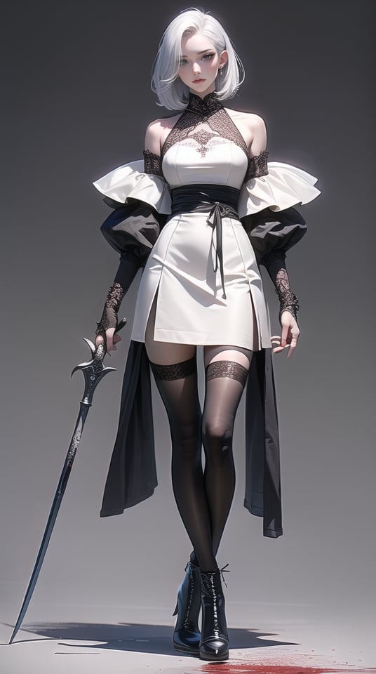 (best quality), ((masterpiece)), (highres), illustration, original, extremely detailed, 1girl, solo, blood, thighhighs, blood on clothes, flower, dress, full body, white background, black thighhighs, grey eyes, high heels, holding, rose, gloves, looking at viewer, white dress, simple background, hair flower, weapon, white hair, bare shoulders, detached sleeves, hair ornament, boots