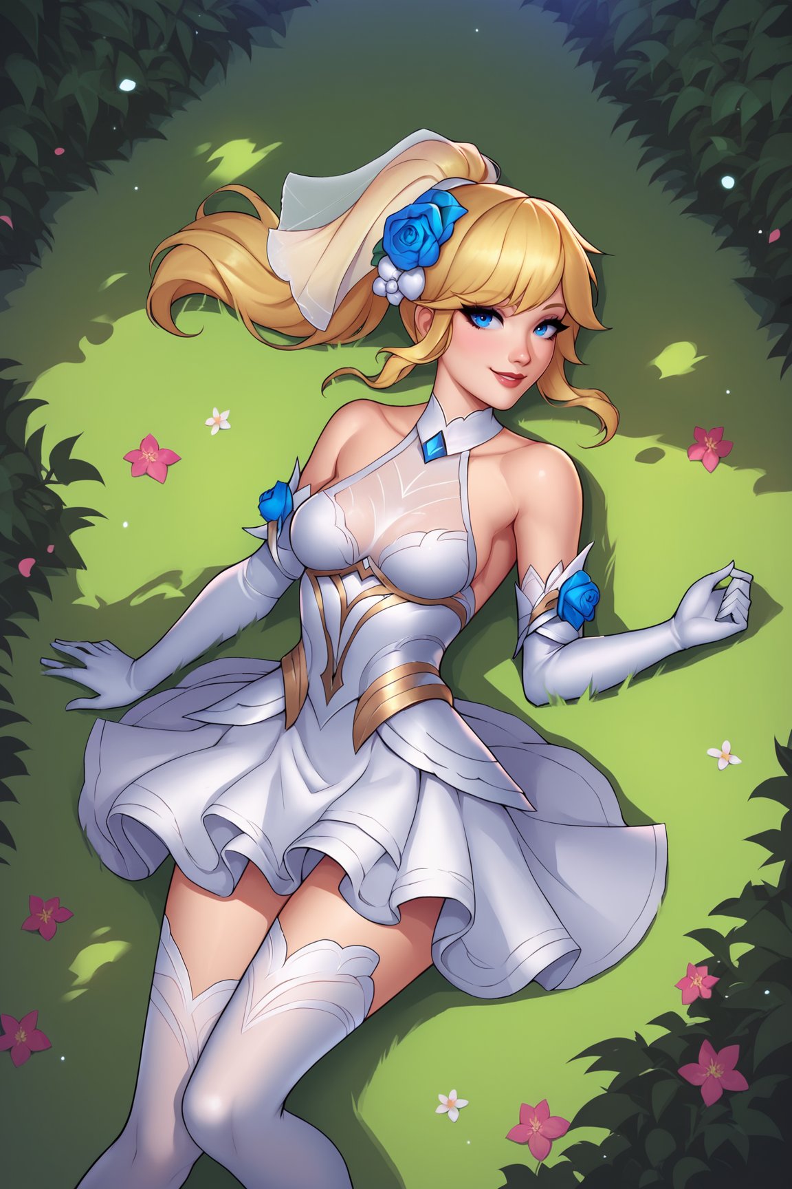 score_9, score_8_up, score_7_up, score_6_up, score_5_up, score_4_up, LuxCRLOLXL, blue eyes, blonde hair, ponytail, sidelocks, bangs, hair ornament, hair flower, veil, medium breasts, dress flower, bare shoulders, white dress, white elbow gloves, white thighhighs, solo, lying on grass, from above, seductive smile, looking at viewer, forest, tree <lora:LuxCRLOLXL:0.9>