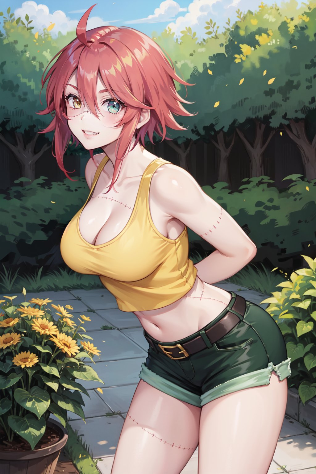 (best quality, ultra detailed), (detailed background:1.2), (perfect face, detailed face), looking at viewer, (mature female:1.4), thick thighs<lora:zombina-10:0.65> zombina, zombie, short hair, large breasts, hair between eyes, cleavage, shorts, belt, short shorts, crop top, heterochromia, stitches, ahoge, green eyes, yellow eyes(outdoors, garden, standing, leaning forward, arms behind back, smile)      