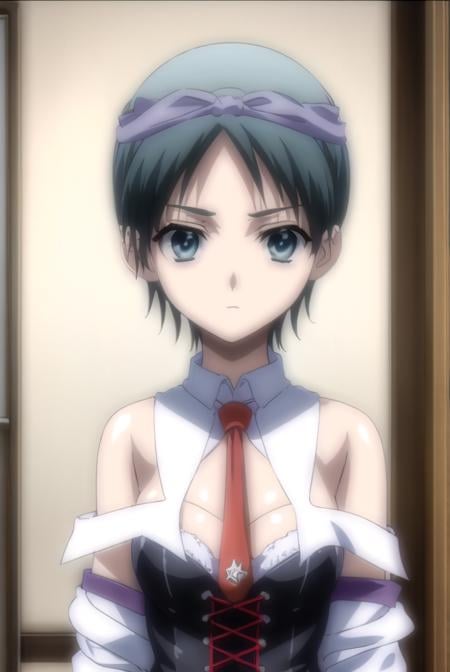 oruhahashimoto, <lora:oruha hashimoto-lora-nochekaiser:1>,oruha hashimoto, short hair, black hair, (black eyes:1.3),BREAK bare shoulders, necktie, detached collar, red necktie, corset, detached sleeve, thighhighs, ribbon, hair ribbon,BREAK indoors,BREAK looking at viewer, (cowboy shot:1.5),BREAK <lyco:GoodHands-beta2:1>, (masterpiece:1.2), best quality, high resolution, unity 8k wallpaper, (illustration:0.8), (beautiful detailed eyes:1.6), extremely detailed face, perfect lighting, extremely detailed CG, (perfect hands, perfect anatomy),