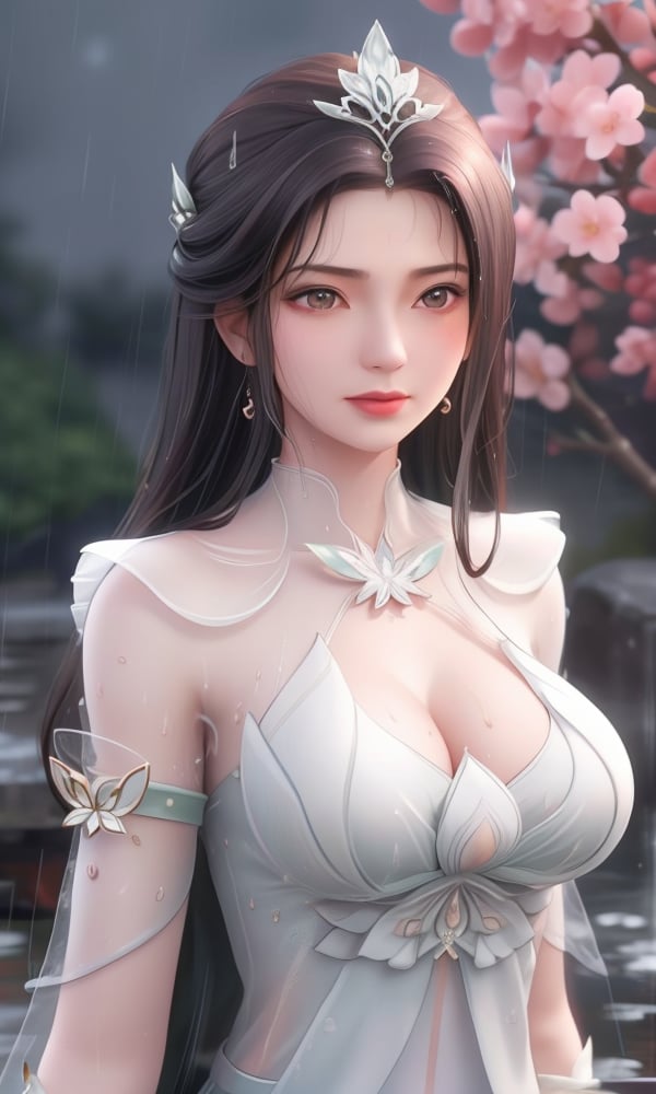 (,1girl, ,best quality, )<lora:DA_颜如玉V2-遮天:0.6>, ,ultra realistic 8k cg, flawless,  tamari \(flawless\), professional artwork, famous artwork, cinematic lighting, cinematic bloom, perfect face, beautiful face, fantasy, dreamlike, unreal, science fiction,  luxury, jewelry, diamond, pearl, gem, sapphire, ruby, emerald, intricate detail, delicate pattern, charming, alluring, seductive, erotic, enchanting, hair ornament, necklace, earrings, bracelet, armlet,halo,masterpiece, fantasy, realistic,science fiction,mole,  large breasts,cherry blossoms,wet clothes,lace, lace trim,   lace-trimmed legwear,(((Best quality, masterpiece, ultra high res, (photorealistic:1.4), raw photo, 1girl, wet clothes, rain, sweat, ,wet, night, moon,  )))  upper body, (),