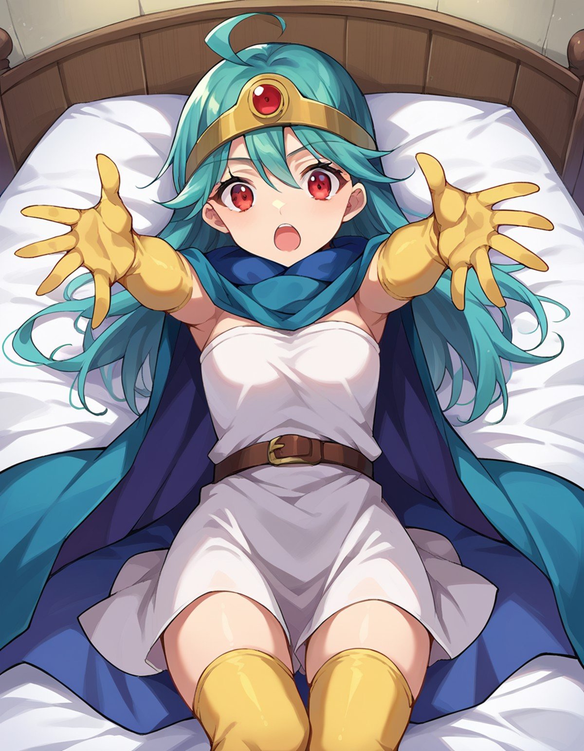 score_9, score_8_up, score_7_up, source_anime,dqsage, <lora:dq-sage-ponyxl-lora-nochekaiser:1>,sage, ahoge, aqua hair, red eyes, long hair,belt, buckle, cape, capelet, circlet, cloak, dress, elbow gloves, gloves, scarf, short dress, sleeveless, sleeveless dress, thighhighs, yellow gloves,indoors, bed, bed room, on back, arm support, arms up, incoming hug, pov, reaching, reaching towards viewer,looking at viewer, dutch angle, cowboy shot,