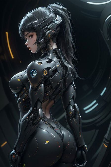 a_photo_of a woman, looking at viewer, (3/4 view:1.5), (full middle body:1.5), detailed face, futuristic, high-tech carbon fiber and ceramic armor, high-tech helmet, cybernetics, golden hair, <lora:Cyberpunk01:50.0>, breath taking futuristic hardware background, (seductive pose:1.5), (light smile:0.3)