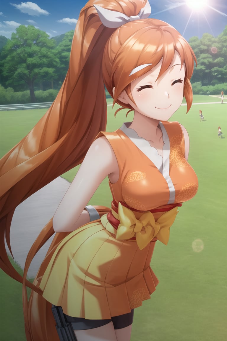 masterpiece, best quality, CG, wallpaper, HDR, high quality, high-definition, extremely detailed, crunchyroll hime, 1girl, simple background, arms behind back, leaning forward, smile, closed eyes, pov, outside, park, field, trees, sun, sunshine, lens flare, 