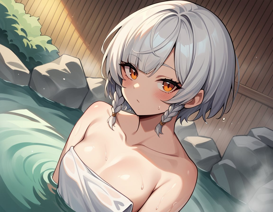 score_9, score_8_up, score_7_up, source_anime, anbydemara, <lora:anby-demara-ponyxl-lora-nochekaiser:1>, anby demara, orange eyes, short hair, white hair,, nude, naked, outdoors, onsen, towel, naked towel, steam, bathing, nude cover, partially submerged, water, bath, steam censor, wet towel, blush, looking at viewer, solo, cowboy shot, dutch angle, small breasts