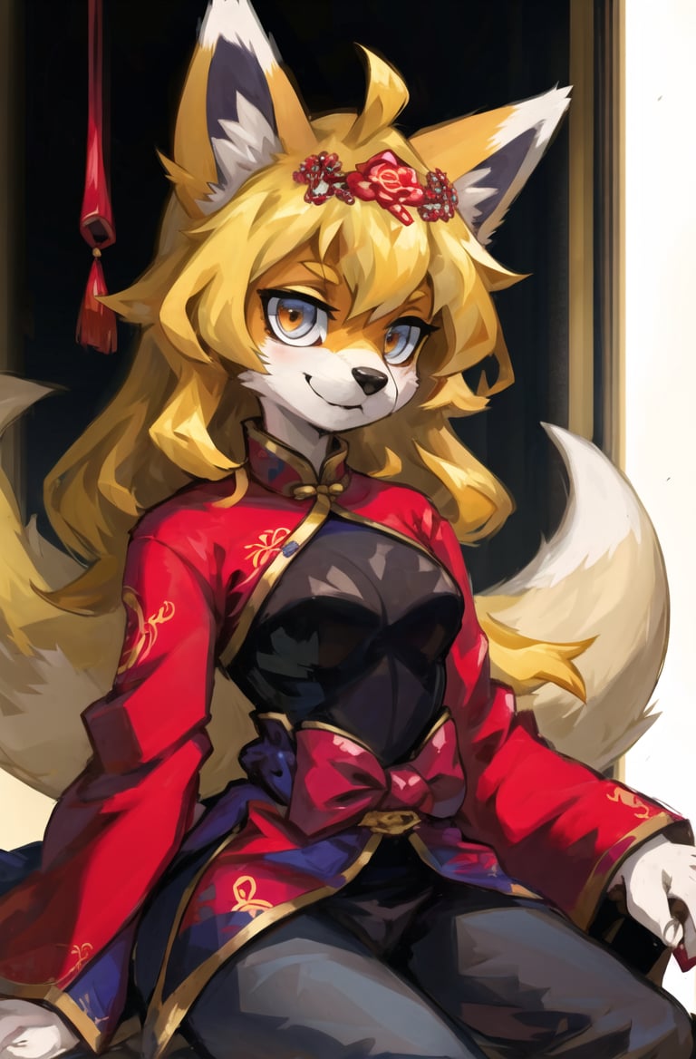 masterpiece, best quality, looking at viewer,furry fox girl,blonde,long hair,chinese clothes, hair ornament,  <lora:GoodHands-vanilla:1> <lora:Jaya Ply:0.7>