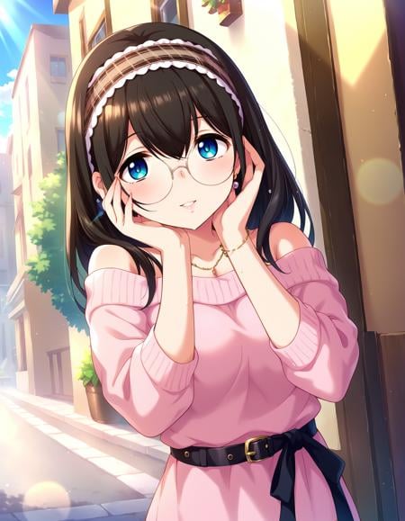 score_9, score_8_up, score_7_up, source_anime,1girl, cute female, shy, solo, fov, dating, looking at viewer, smile, parted lips, hands on own cheek,  outdoors, street, building, boutique, display window, day, blue sky, sunlight,  <lora:SagisawaFumika_pony_v1:0.8>sgswfmk, long hair, brown hair, black hair, bangs, hair between eyes, blue eyes, large breasts, plaid hairband,lipstic, detailed eyes, eyelashes, eyeliner, jewelry, necklace, bracelet, earrings, casual dress, round eyewear, sweater dress, off-shoulder sweater, pink sweater, bare shoulders, off shoulder,  long sleeves, belt, 