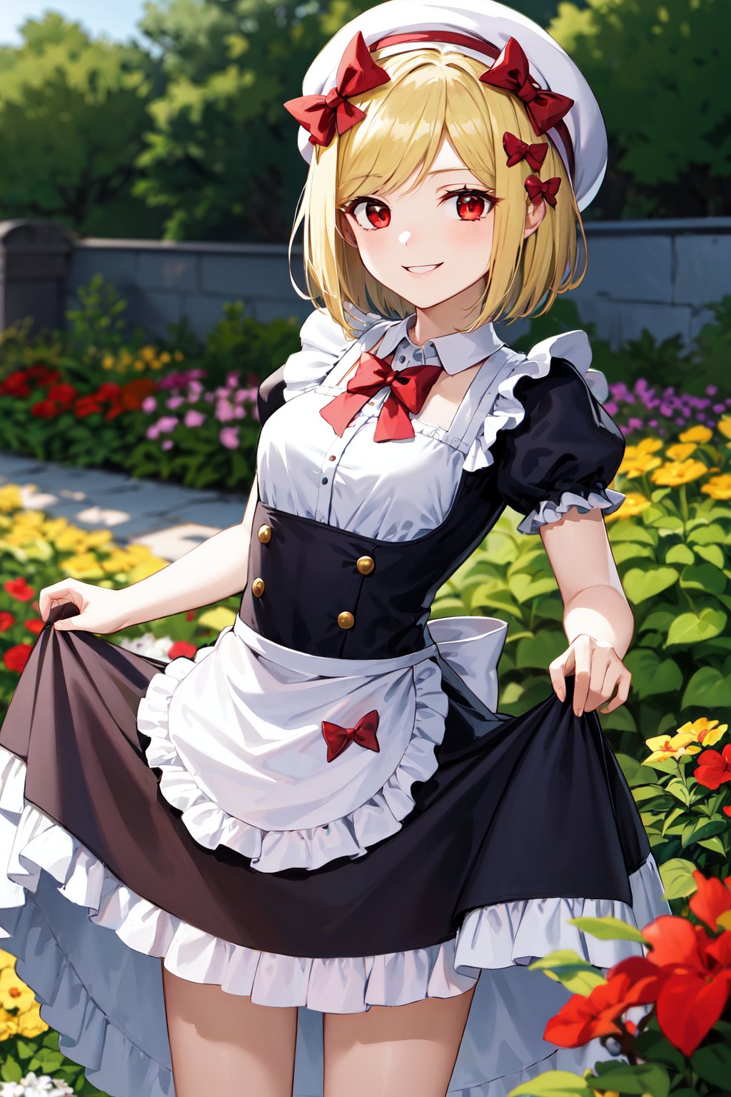 masterpiece, best quality, highres, aalamb, short hair, hair bow, red bow, beret, pink headwear, red eyes, <lora:lambdadelta_v1:0.7>, maid, dress, garden, skirt hold, smile