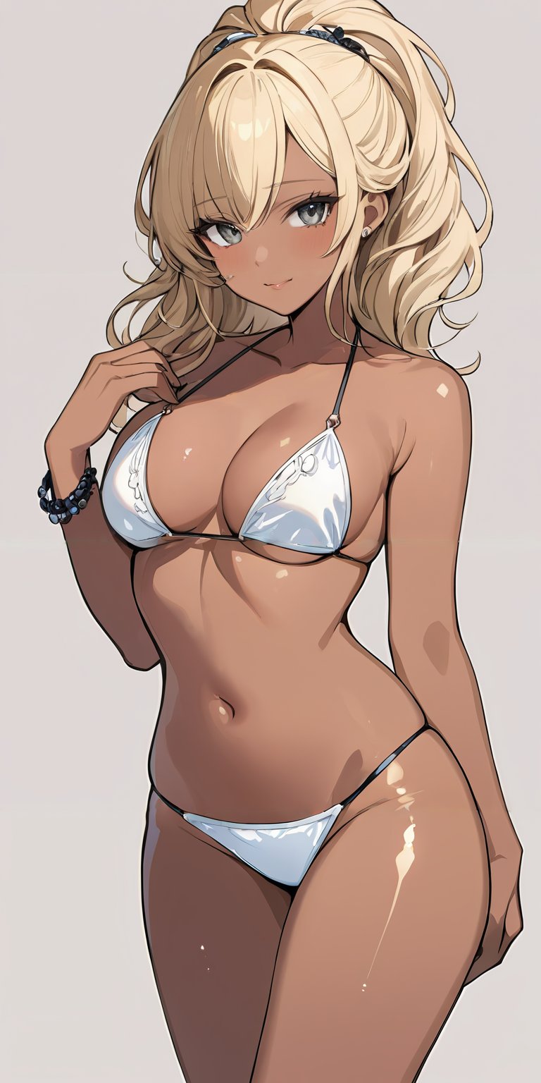 masterpiece,ultra-detailed,best quality,8K,illustration,cute face,clean skin ,shiny hair,girl,ultra-detailed-eyes,simple background, <lora:add-detail-xl:1> <lora:kuro gyaru_XL_V1.0:1> kuro gyaru, dark skin, blonde hair,bikini