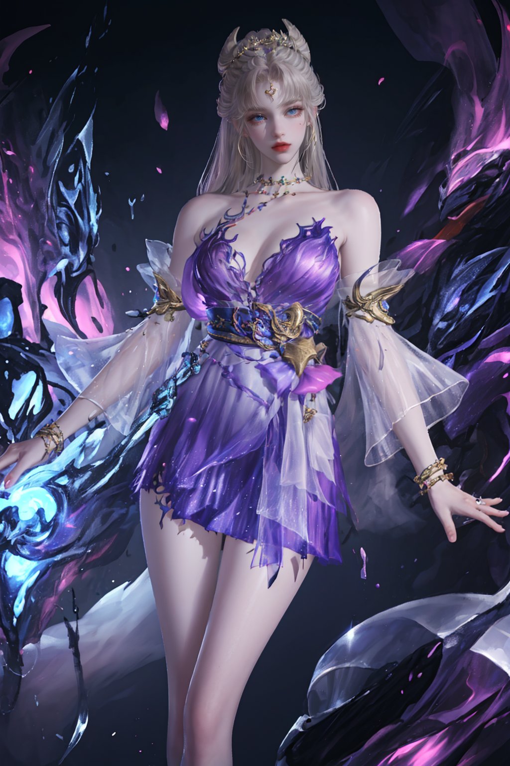 future003,bare shoulders,blue eyes,bracelet,detached sleeves,dress,hair ornament,jewelry,long hair,looking at viewer,purple dress,tail,barefoot,thigh gap,<lora:future003-yulinglong:0.8>,holding dagger,dagger,, best quality,masterpiece,highres,official art,extremely detailed cg unity 8k wallpaper,