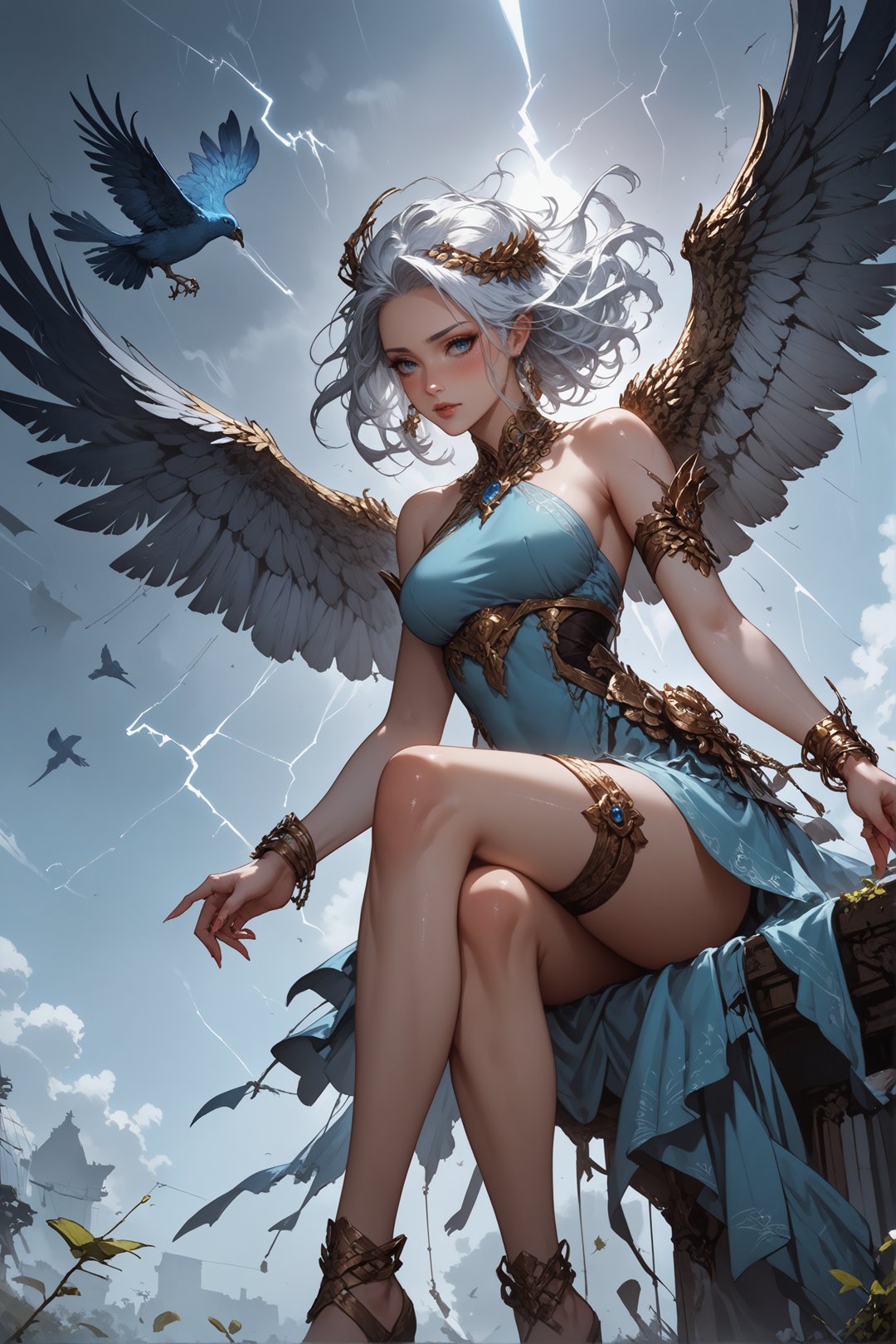 score_9, score_8_up, score_7_up,  1 girl, monster girl, bird girl, feathered wings, lightning aura, sitting on a flying ship, air, gold jewelry, thigh strap, shiny skin, blush, beautiful face, blue eyes, white hair, floating hair, gentle breeze, white skin, crossed legs, blue sexy sheer dress, dutch angle, bottomless, pink fingernails, moonlight, stormlight, green leaves, flying leaves, lightning, wind, swirling wind currents, lightning bird,  <lora:Expressive_H-000001:0.8>, expressiveH    <lora:Fant5yP0ny:0.9>  <lora:Pony_DetailV1.0:0.9> <lora:Concept Art DarkSide Style LoRA_Pony XL v6:0.8> concept art,