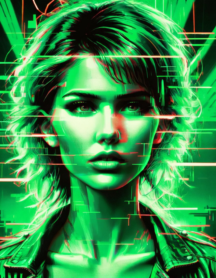 (Screen print:1.3) ((masterpiece,best quality)), electricity, green glow, green theme, a photo of a woman, ral-glydch <lora:ral-glydch-sdxl:1>