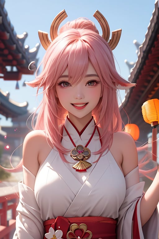 ba shen zi,1girl,solo,pink hair,long hair,lantern,vision \(genshin impact\),animal ears,japanese clothes,bare shoulders,purple eyes,hair between eyes,fox ears,upper body,blush,breasts,bangs,hair ornament,blurry,paper lantern,cheerful demeanor,radiant smile,bright personality,warm-hearted nature,optimistic outlook,vibrant energy,sun-kissed complexion,joyful laughter,free-spirited,carefree attitude,(outgoing nature:1.2),uplifting presence,playful spirit,(positive vibes:1.2),(lively enthusiasm:1.1),(beaming with happiness:1.3),(natural beauty:1.3),(sunshine in her eyes:1.1),(infectious laughter:1.3),<lora:aki-000002:0.5>,in face of,