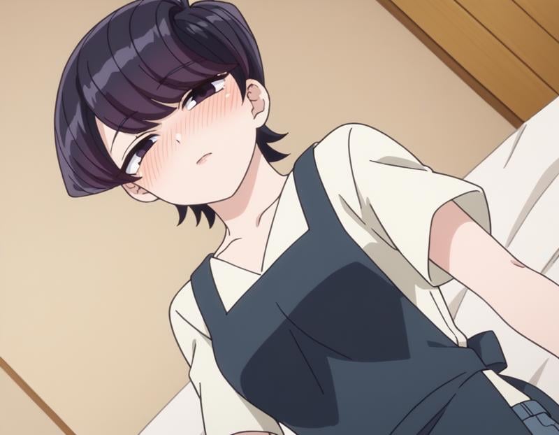 score_9, score_8_up, score_7_up, source_anime,shuukokomi, <lora:shuuko-komi-s1s2-ponyxl-lora-nochekaiser:1>,shuuko komi, short hair, black hair, black eyes, half-closed eyes,shirt, white shirt, short sleeves, pants, apron, denim, jeans, blue apron,indoors, bed, bed room, on side, blush, drunk,looking at viewer, cowboy shot, dutch angle, solo,